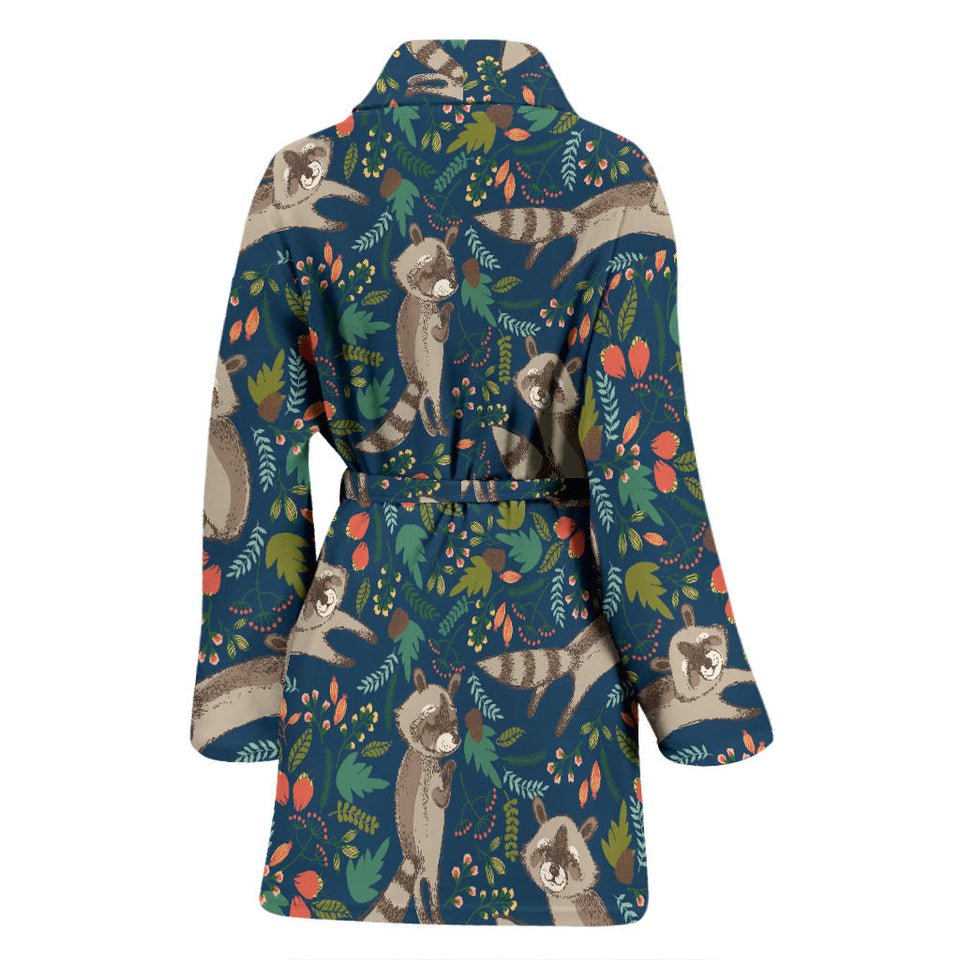 Raccoon Tropical Leaves Pattern Women'S Bathrobe