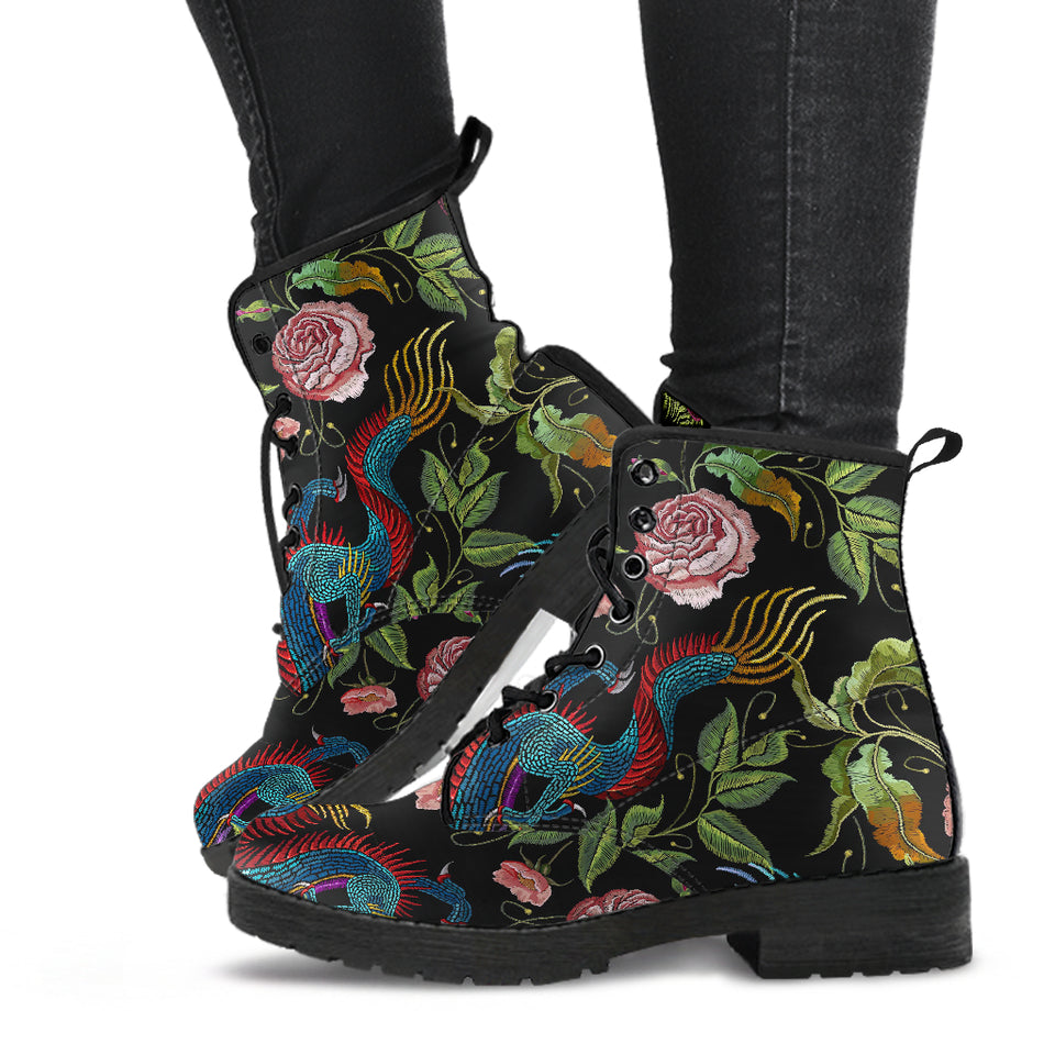 Dragons Flower Pattern Leather Boots