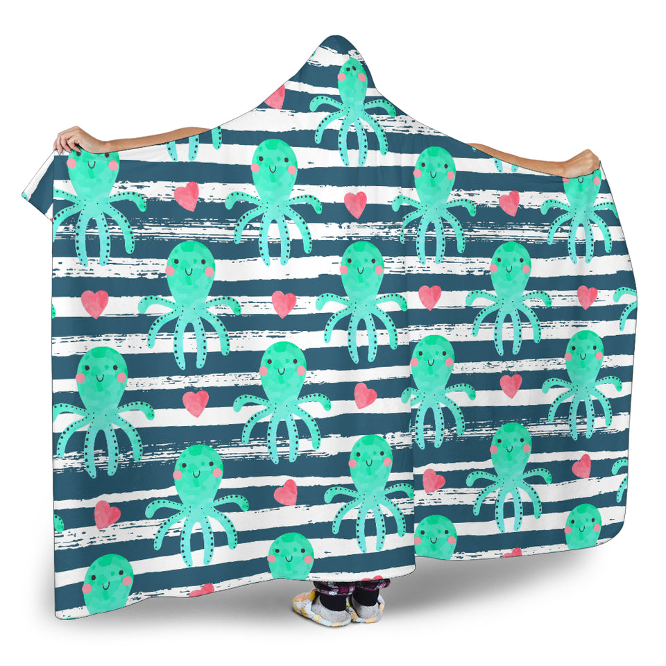 Cute Octopuses Heart Striped Background Hooded Blanket