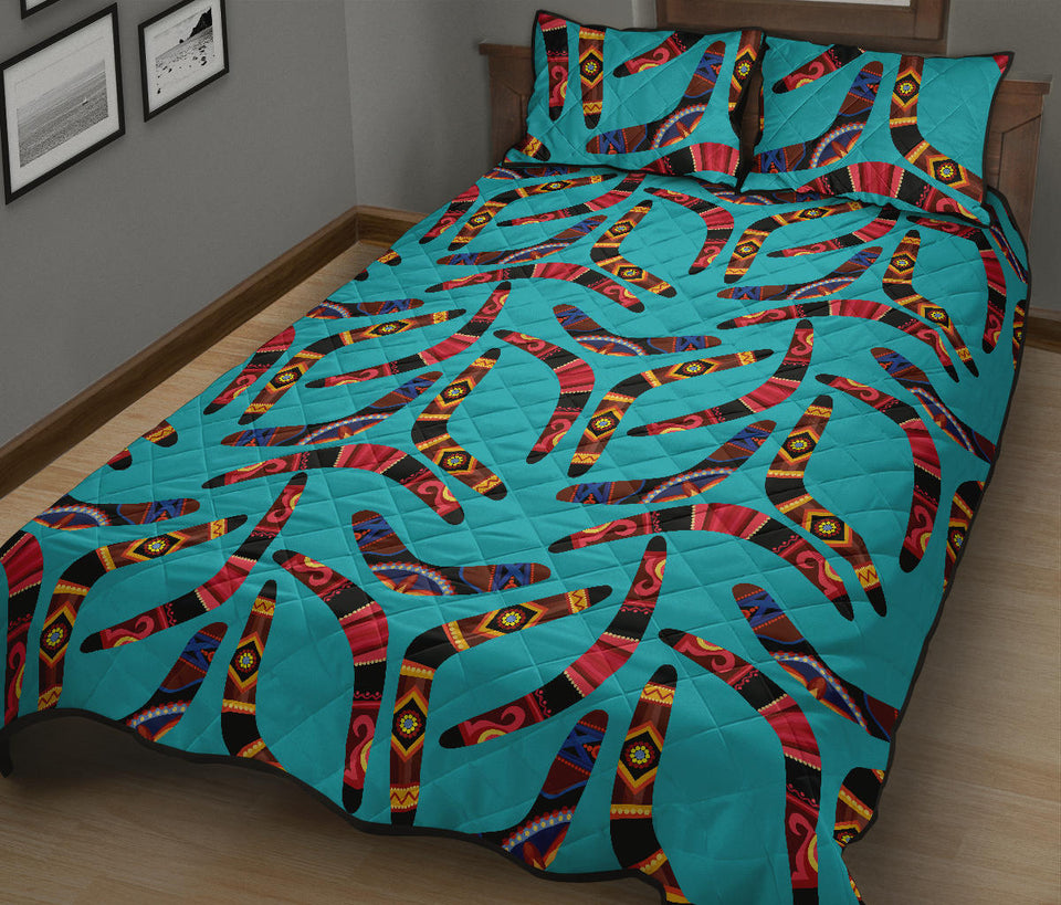 Boomerang Australian aboriginal ornament blue background Quilt Bed Set
