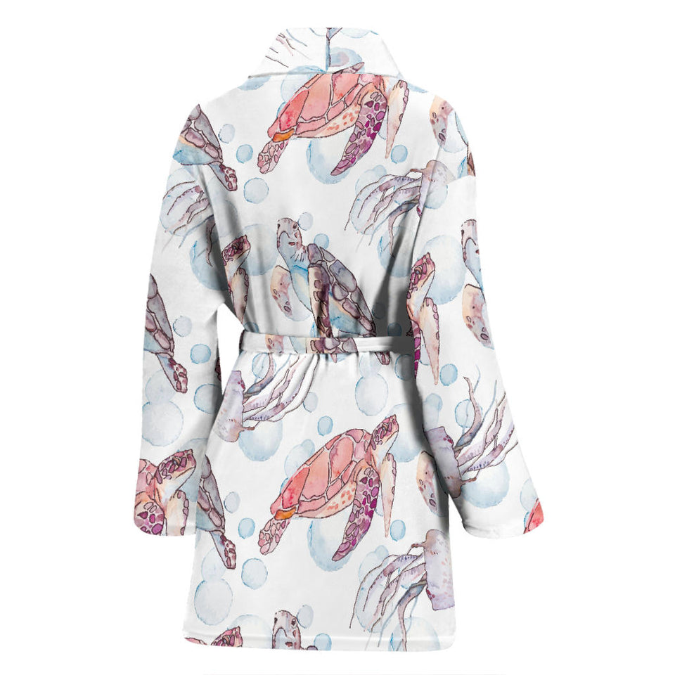 Watercolor Sea Turtle Jellyfish Pattern Women'S Bathrobe