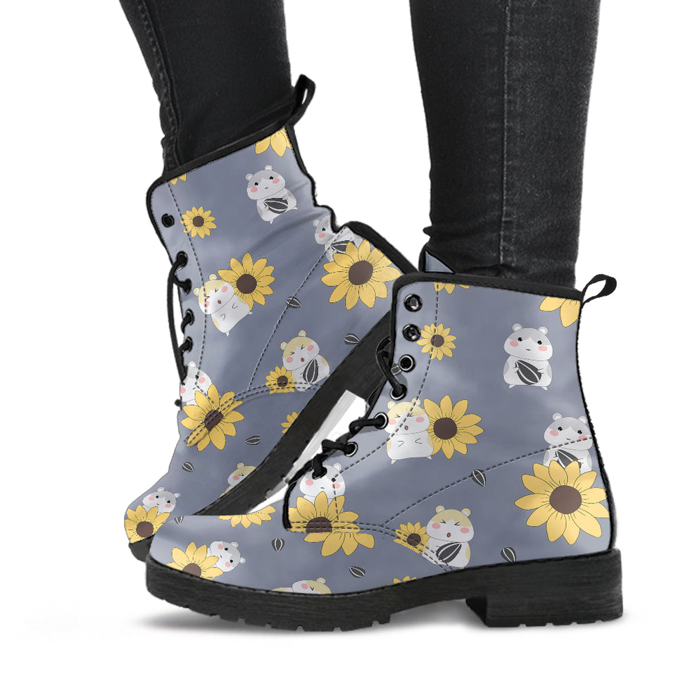 Cute Hamster Sunflower Pattern Background Leather Boots
