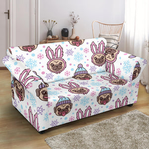 Cute Pug Hat Rabbit Costume Pattern Loveseat Couch Slipcover