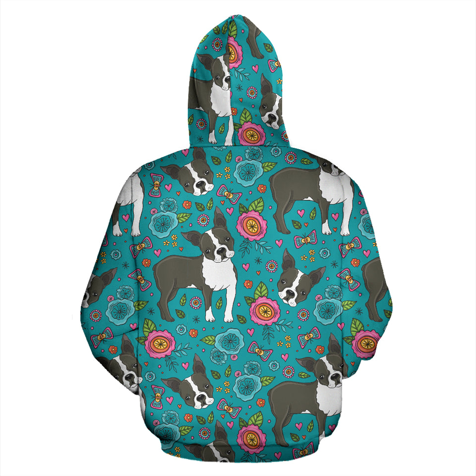 Boston Terrier Beautiful Flower Pattern Zip Up Hoodie