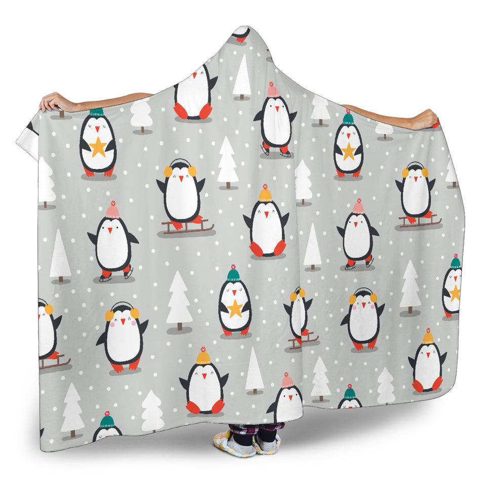 Cute Penguin Christmas Pattern Hooded Blanket
