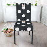 Cute White Rabbit Polka Dots Black Background Dining Chair Slipcover