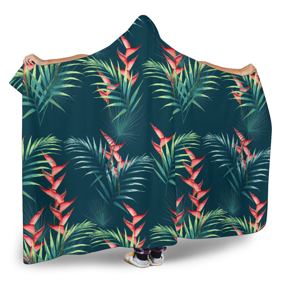 Heliconia Flowers, Palm And Monstera Leaves On Black Background Pattern Hooded Blanket