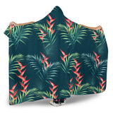 Heliconia Flowers, Palm And Monstera Leaves On Black Background Pattern Hooded Blanket