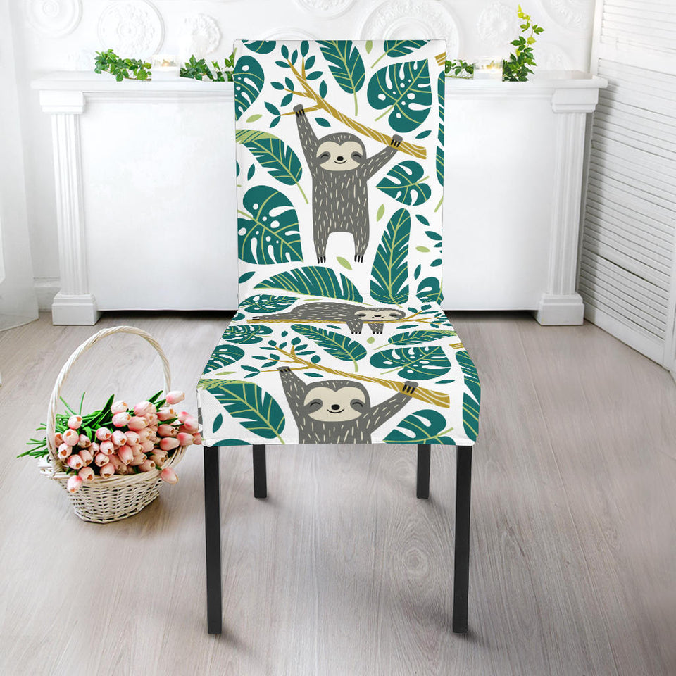 Cute Sloths Tropical Palm Leaves White Background Dining Chair Slipcover
