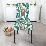 Cute Sloths Tropical Palm Leaves White Background Dining Chair Slipcover