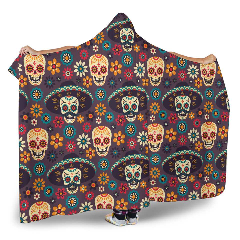 Sugar Skulls Flower Maxican Pattern Hooded Blanket