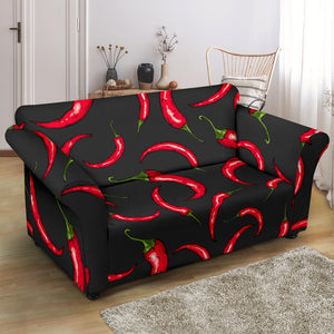 Chili Peppers Pattern Black Background Loveseat Couch Slipcover