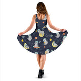 Cute Sloth Astronaut Star Planet Rocket Pattern Sleeveless Midi Dress