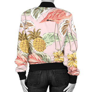 Pink Flamingo Birds Pineapples Hibiscus Flower Pattern Women'S Bomber Jacket