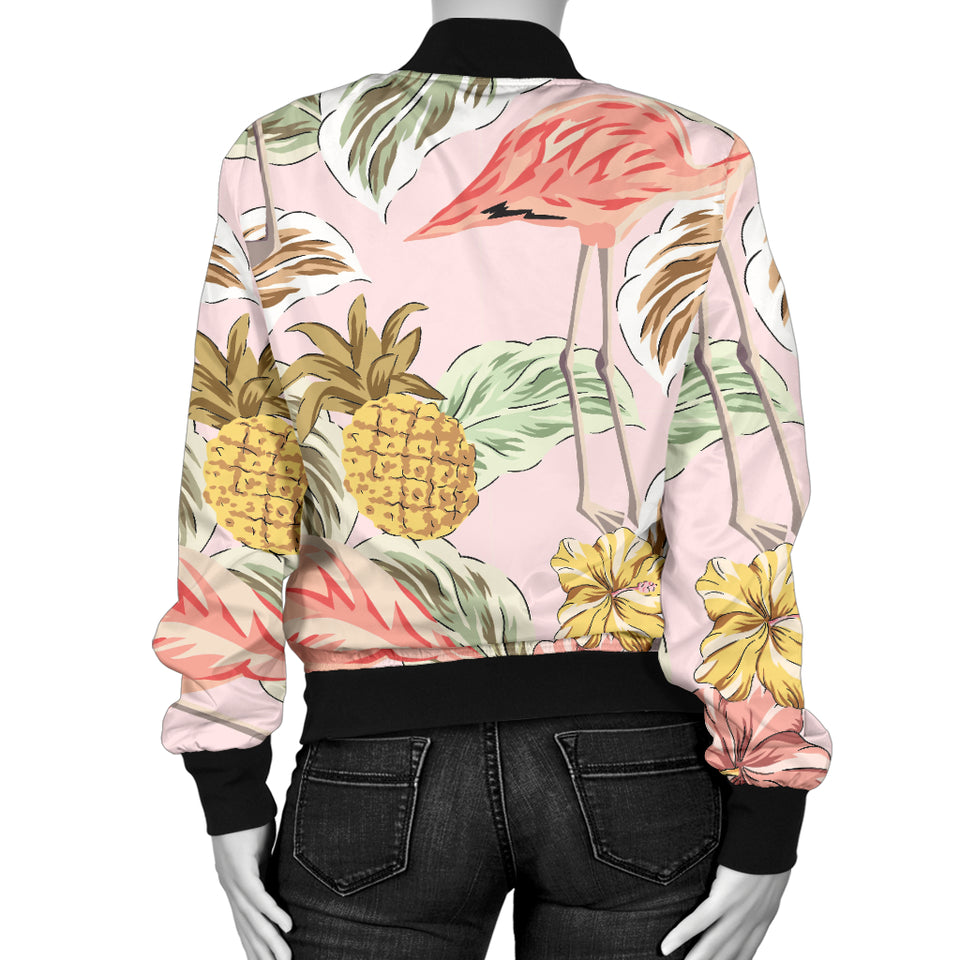 Pink Flamingo Birds Pineapples Hibiscus Flower Pattern Women'S Bomber Jacket