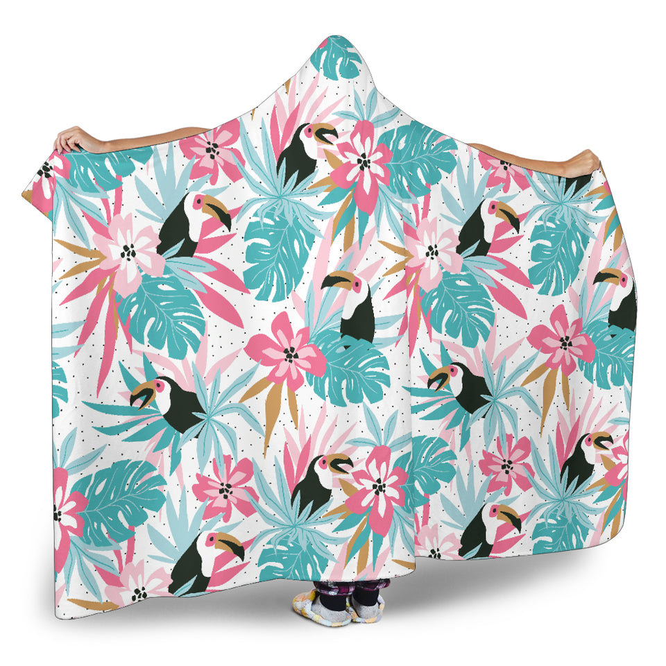Toucan Tropical Flower Leave Pattern Hooded Blanket