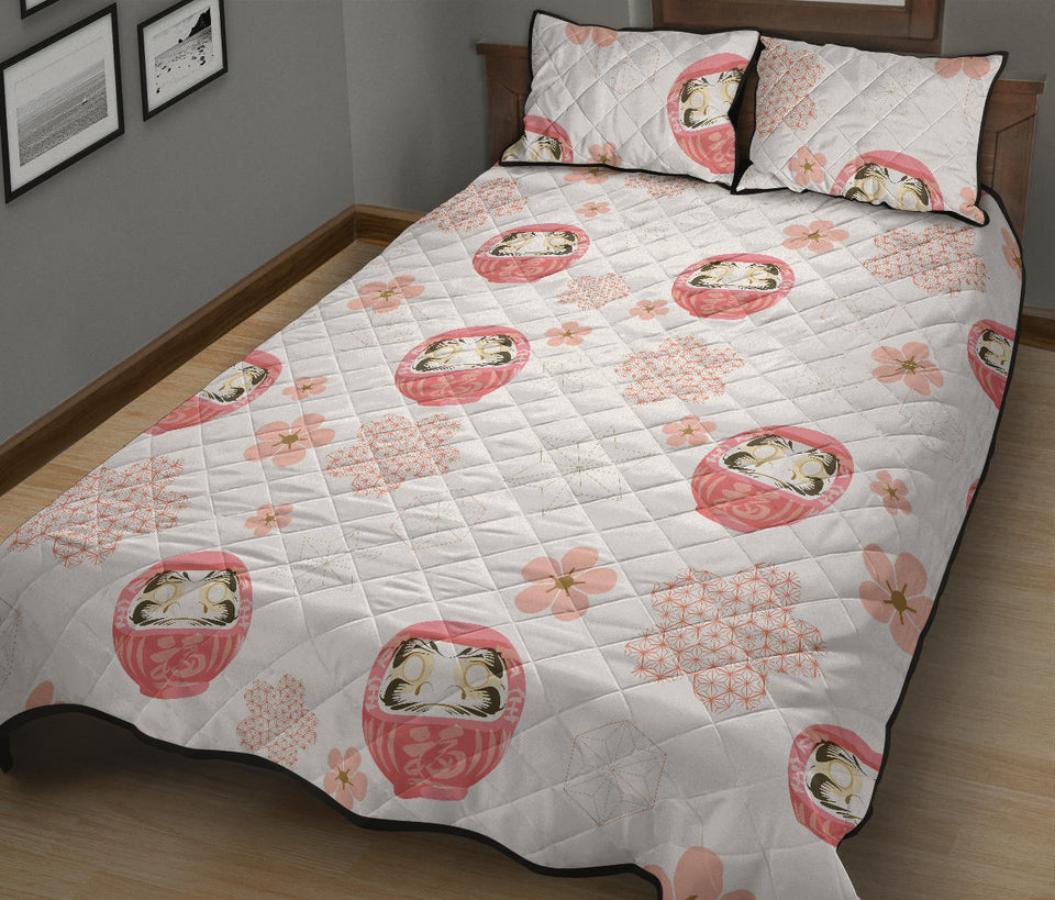 Daruma japanese wooden doll cherry blossom flower pattern Quilt Bed Set