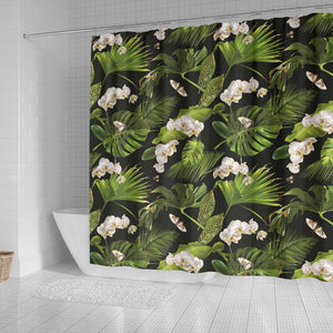 White Orchid Flower Tropical Leaves Pattern Blackground Shower Curtain Fulfilled In US