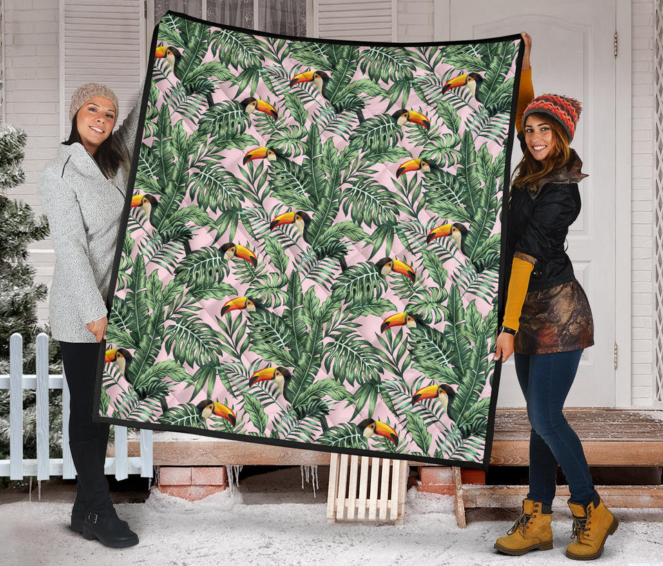 Toucan Tropical Green Jungle Palm Pattern Premium Quilt