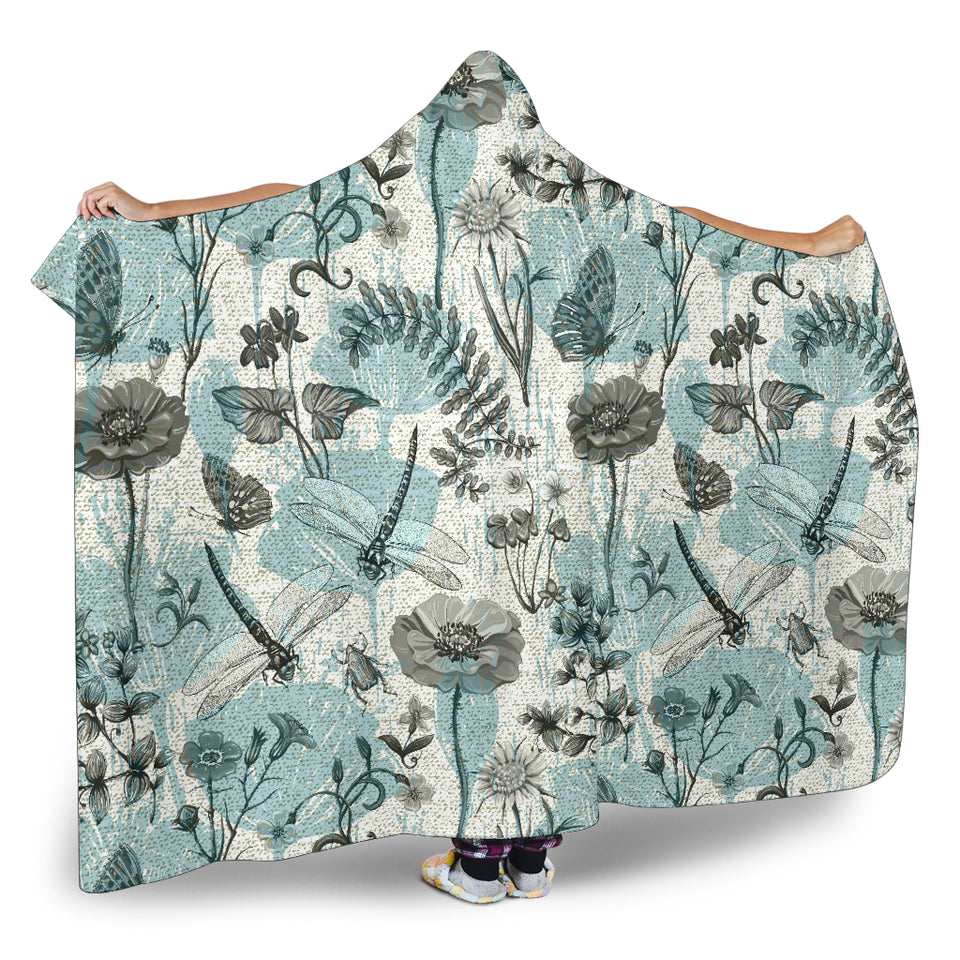Dragonfly Butterfly Plants Insect Flower Vintage Style Pattern Hooded Blanket
