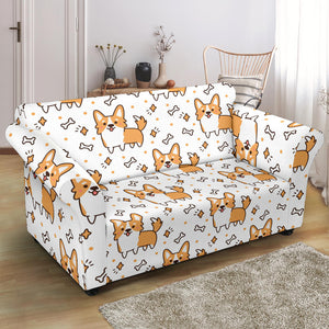 Cute Corgi Heart Star Bone Pattern Loveseat Couch Slipcover