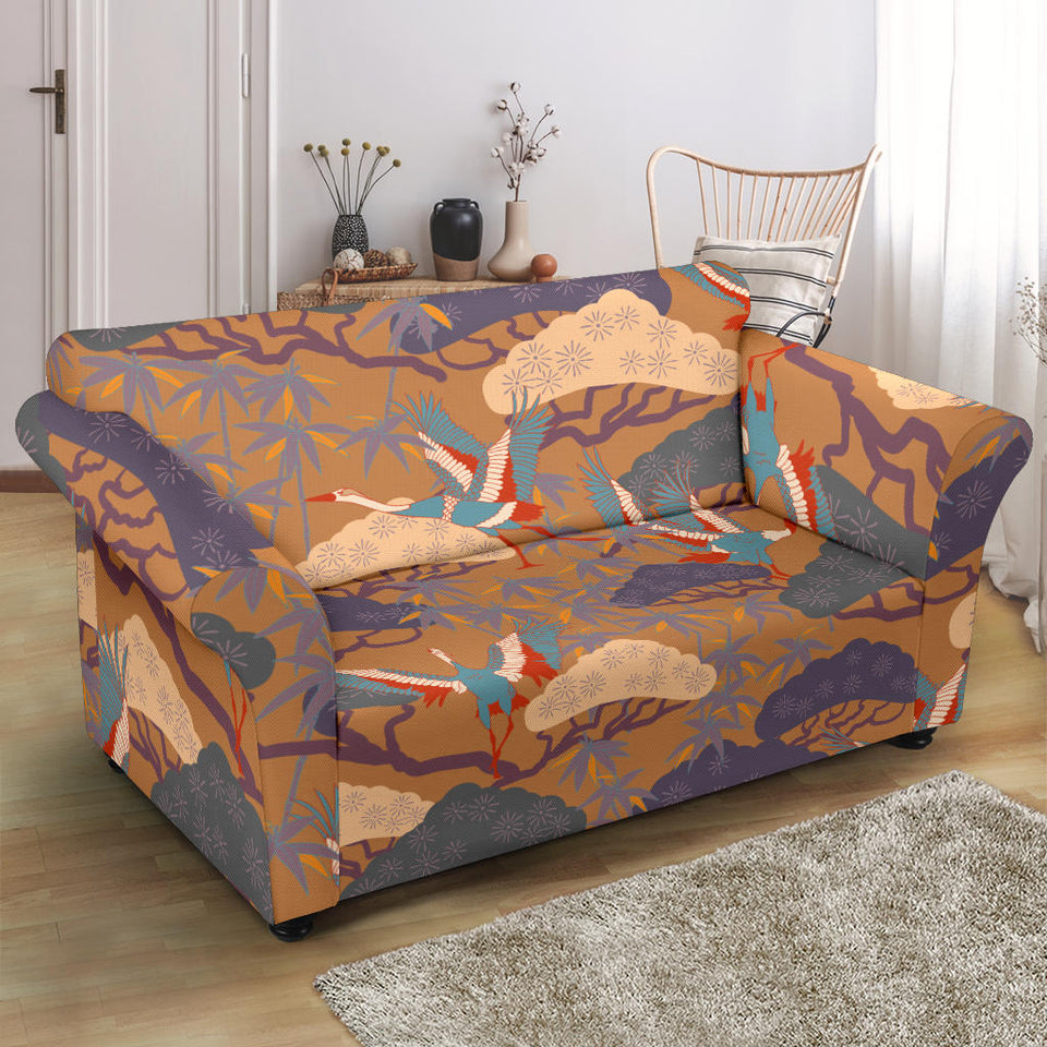 Bonsai Bamboo Stork Japanese Pattern Brown Theme Loveseat Couch Slipcover