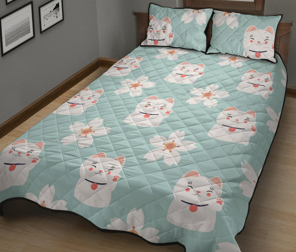 Maneki Neko Lucky Cat sakura Quilt Bed Set