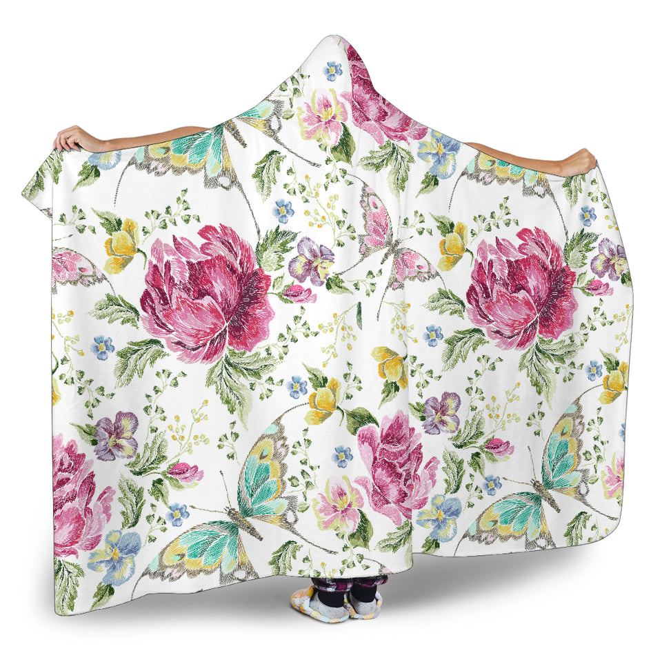 Hand Drawn Butterfly Rose Hooded Blanket