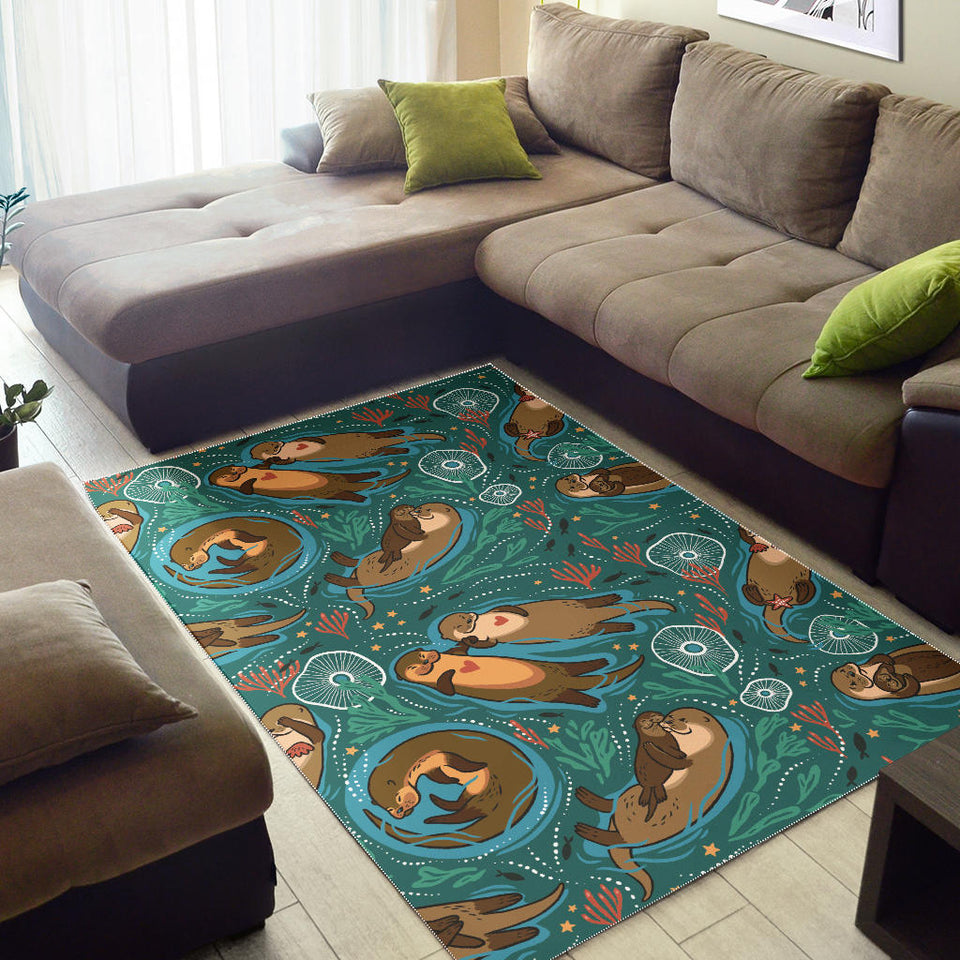 Cute Brown Sea Otters Ornamental Seaweed Corals Green Water Area Rug