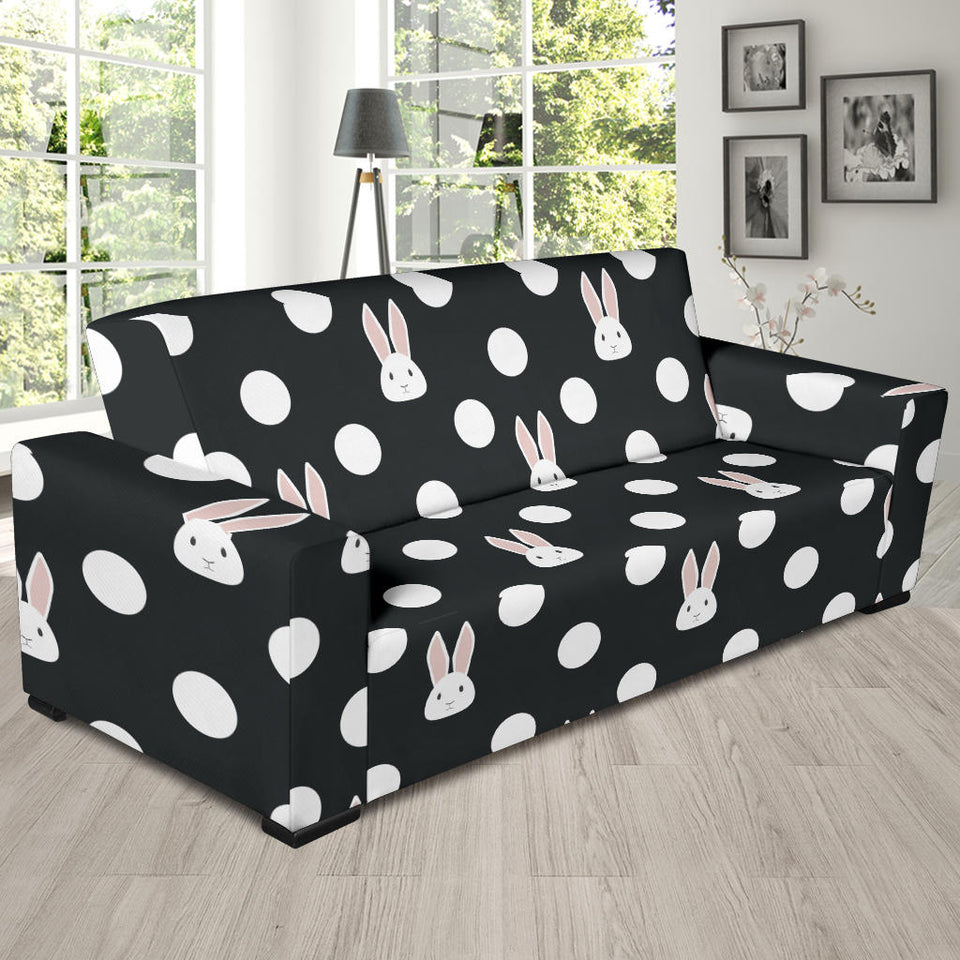 Cute White Rabbit Polka Dots Black Background Sofa Slipcover