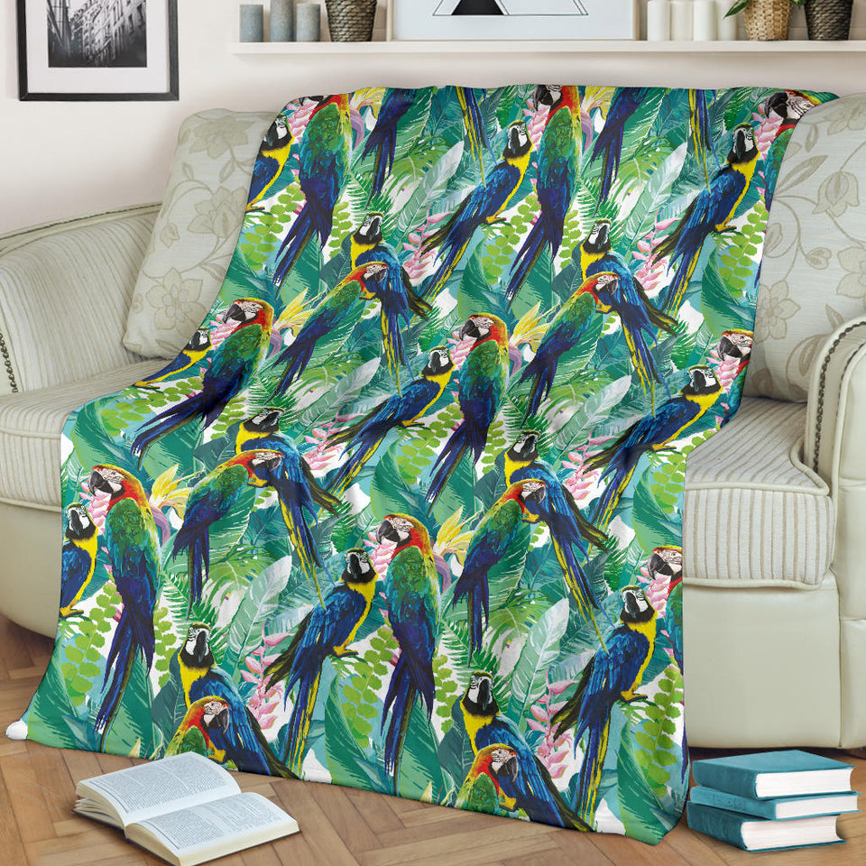 Colorful Parrot Exotic Flower Leaves Premium Blanket
