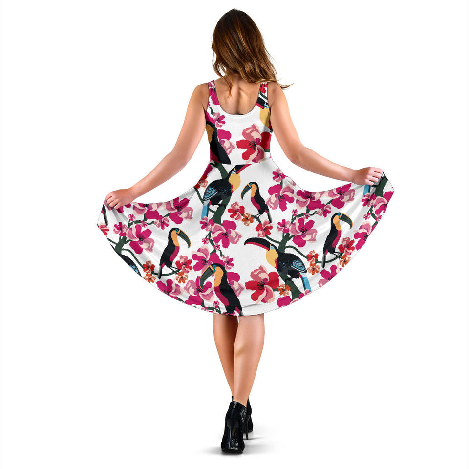 Toucan Flower Design Pattern Sleeveless Midi Dress