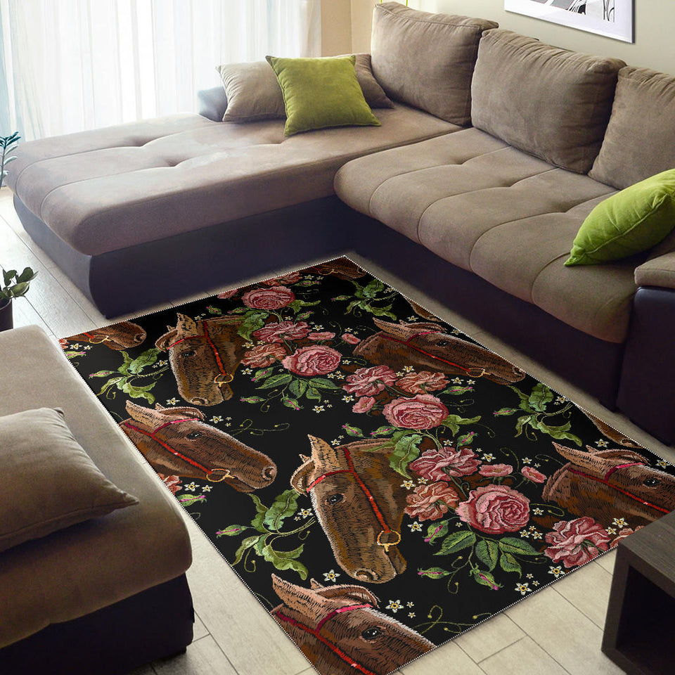 Horse Head Wild Roses Pattern Area Rug