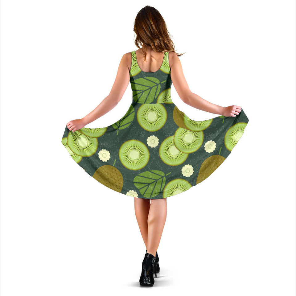 Whole Sliced Kiwi Leave And Flower Sleeveless Midi Dress