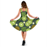 Whole Sliced Kiwi Leave And Flower Sleeveless Midi Dress
