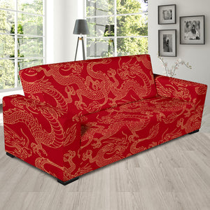 Gold Dragons Red Background Sofa Slipcover