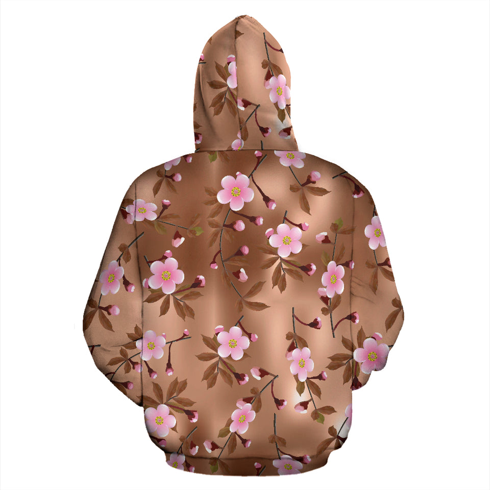 Pink Sakura Cherry Blossom Drak Brown Background Zip Up Hoodie