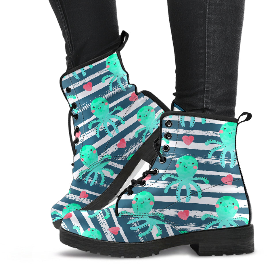Cute Octopuses Heart Striped Background Leather Boots