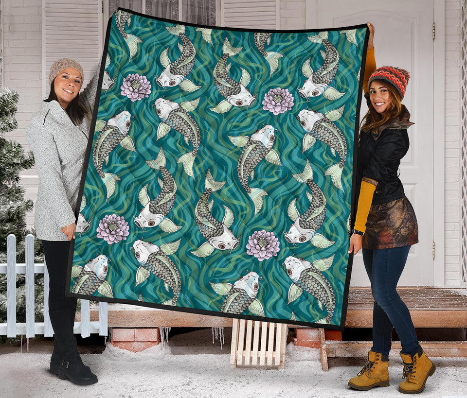 Koi Fish Carp Fish Lotus Pattern Premium Quilt