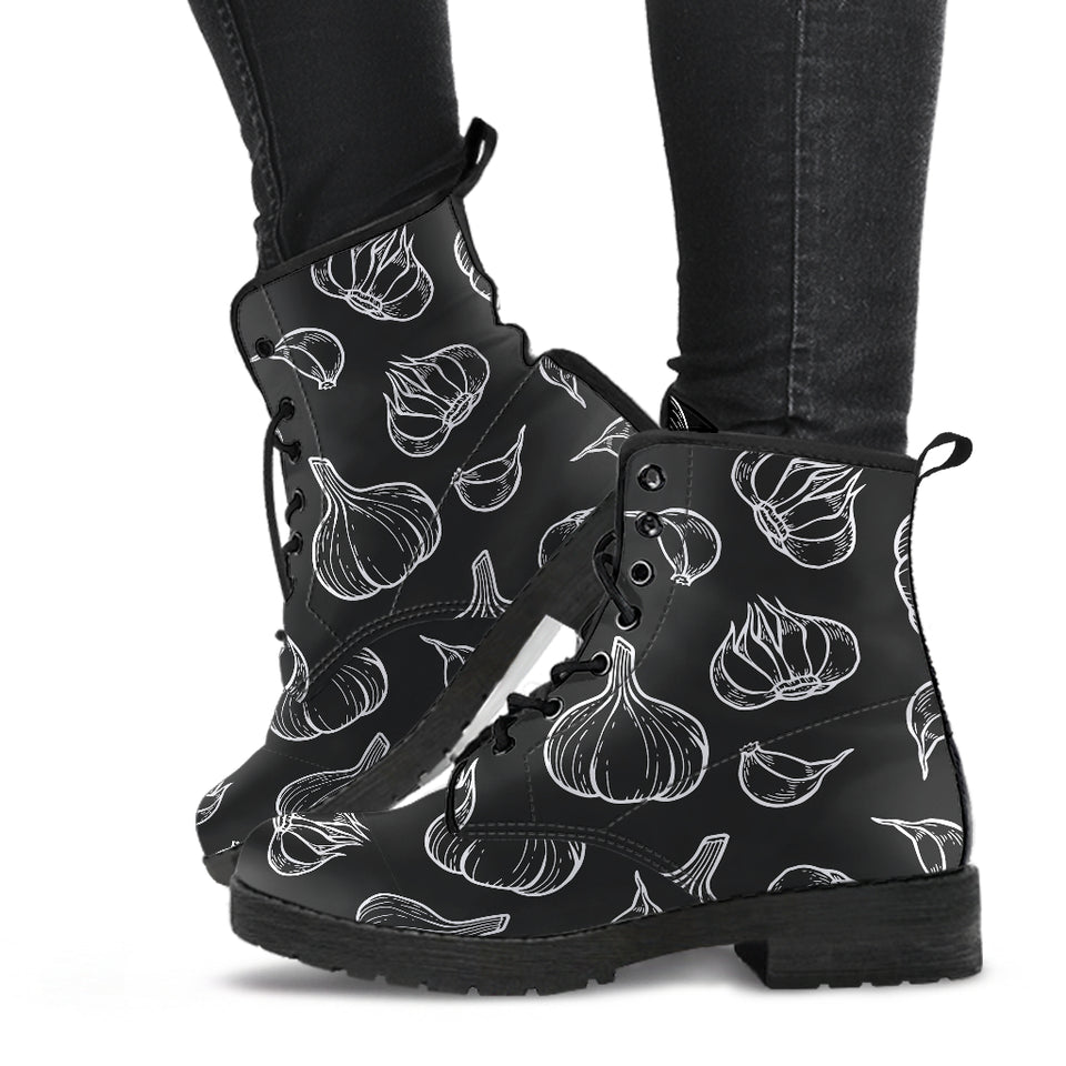 Garlic Pattern Black Background Leather Boots
