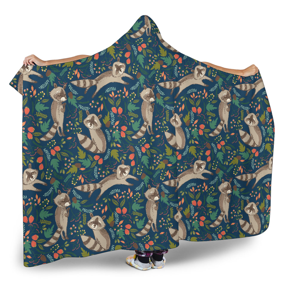Raccoon Tropical Leaves Pattern Hooded Blanket