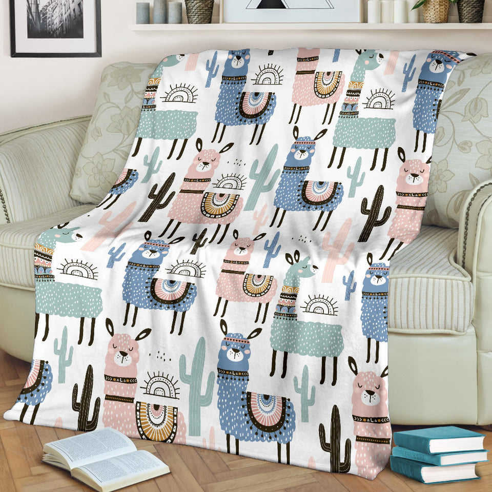 Lama Alpaca Cactus Hand Drawn Pattern Premium Blanket