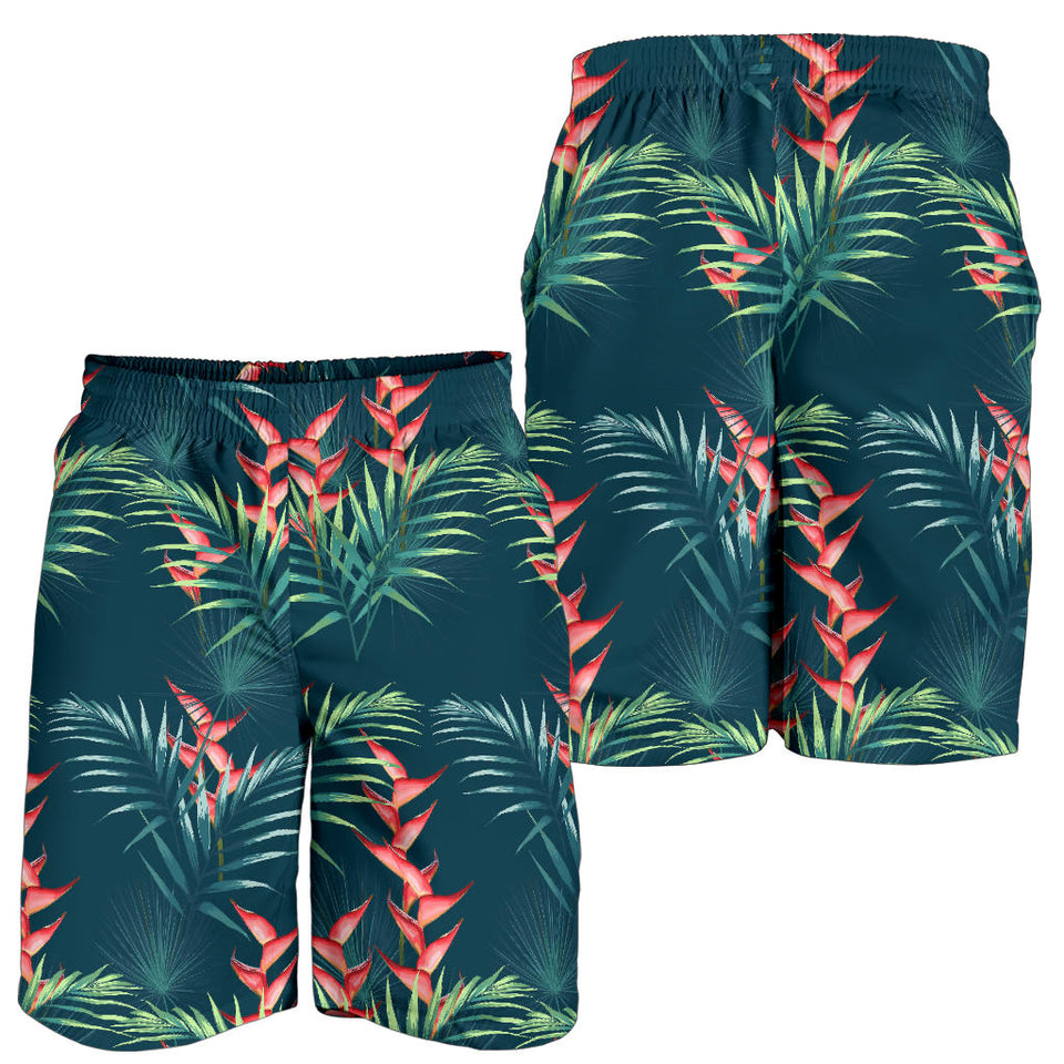 Heliconia Flowers, Palm And Monstera Leaves On Black Background Pattern Men Shorts
