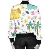 Cute Elephants Palm Tree Flower Butterfly Pattern Women'S Bomber Jacket