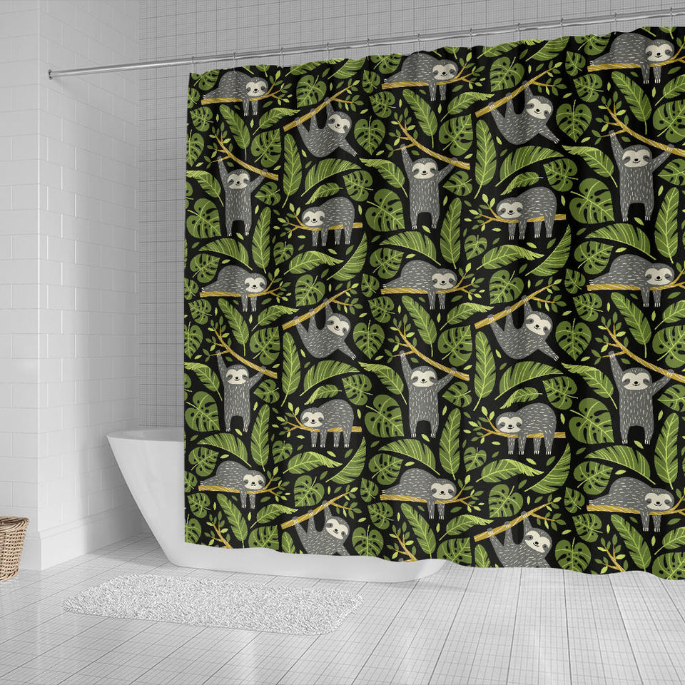 Cute Sloths Tropical Palm Leaves Black Background Shower Curtain Fulfilled In US