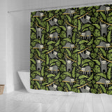 Cute Sloths Tropical Palm Leaves Black Background Shower Curtain Fulfilled In US