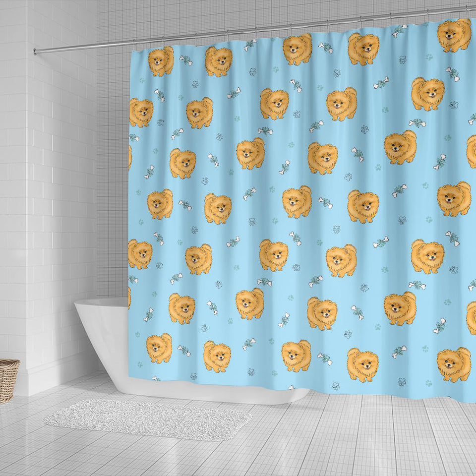 Brown Cute Pomeranian Blue Blackground Shower Curtain Fulfilled In US