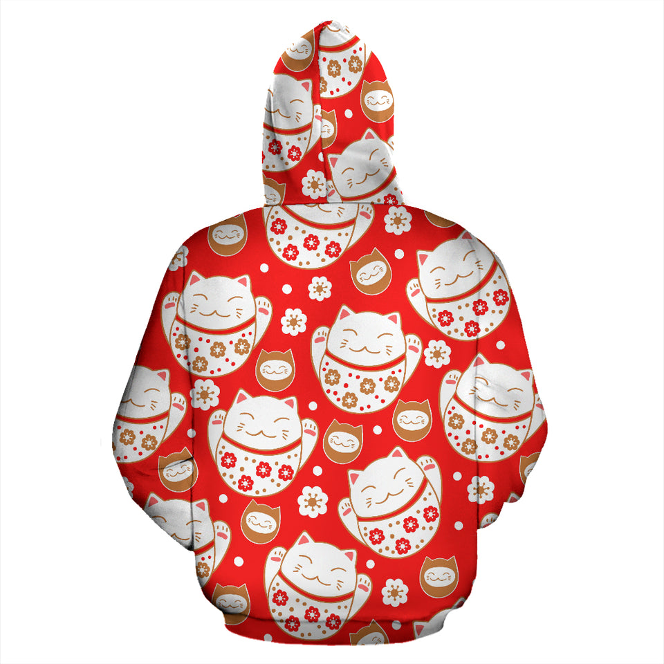 Cute Maneki Neko Cat Red Background Zip Up Hoodie