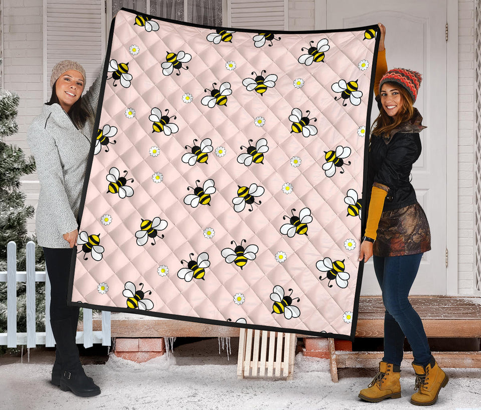 Cute Bee Flower Pattern Pink Background Premium Quilt