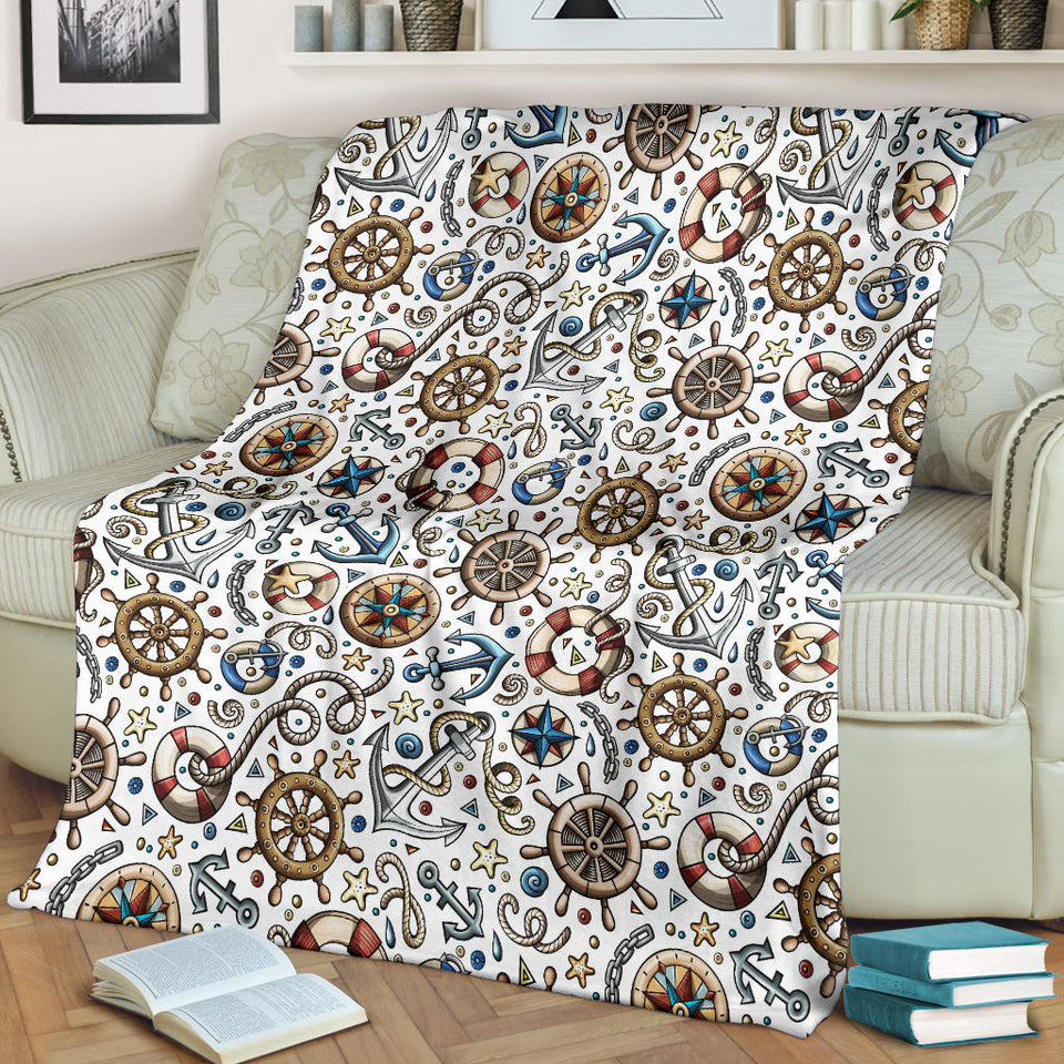 Cute Nautical Steering Wheel Anchor Pattern Premium Blanket